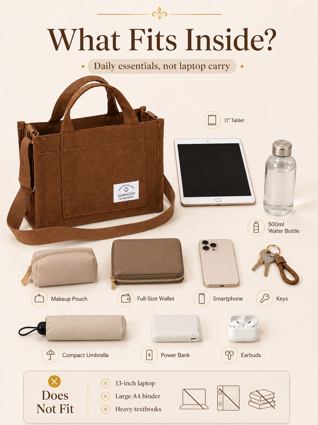 What fits inside WantGor small corduroy tote including tablet wallet phone water bottle and small pouch