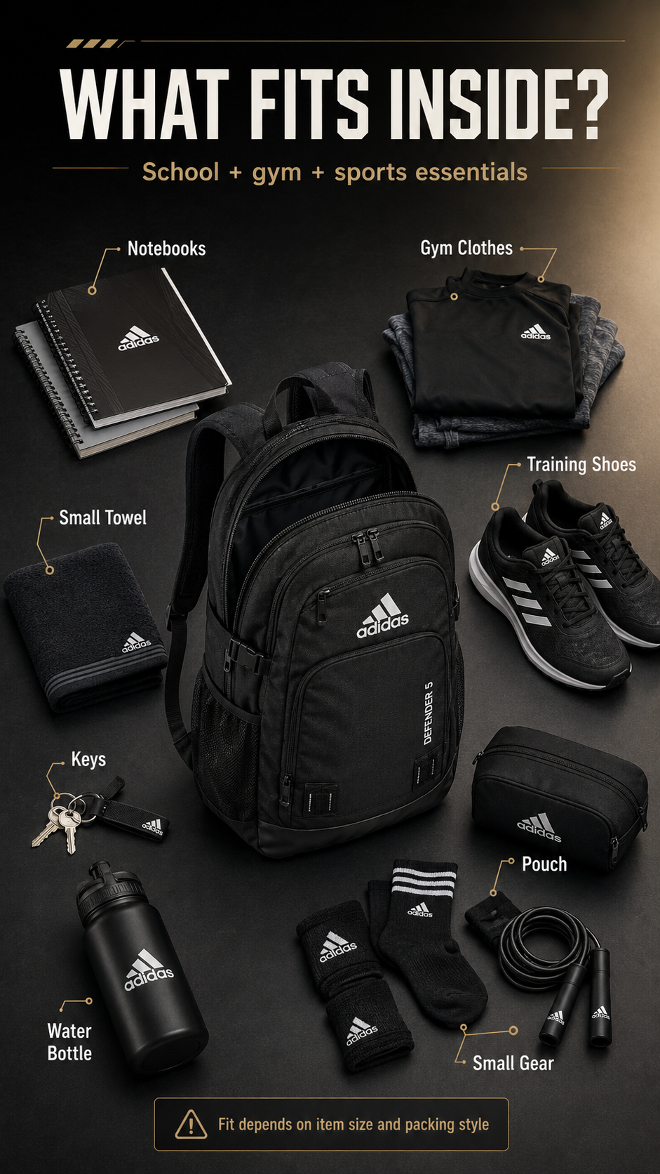 what fits in adidas Defender 5 Backpack including gym clothes shoes notebooks towel and small accessories