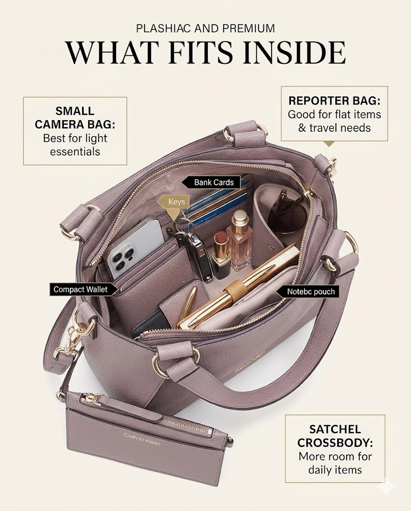 What fits in a Calvin Klein crossbody bag including phone wallet keys cards lipstick sunglasses and small daily essentials