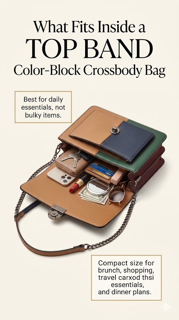 Items that fit inside a TOP BAND color-block crossbody bag, including phone, wallet, keys, cards, and lipstick