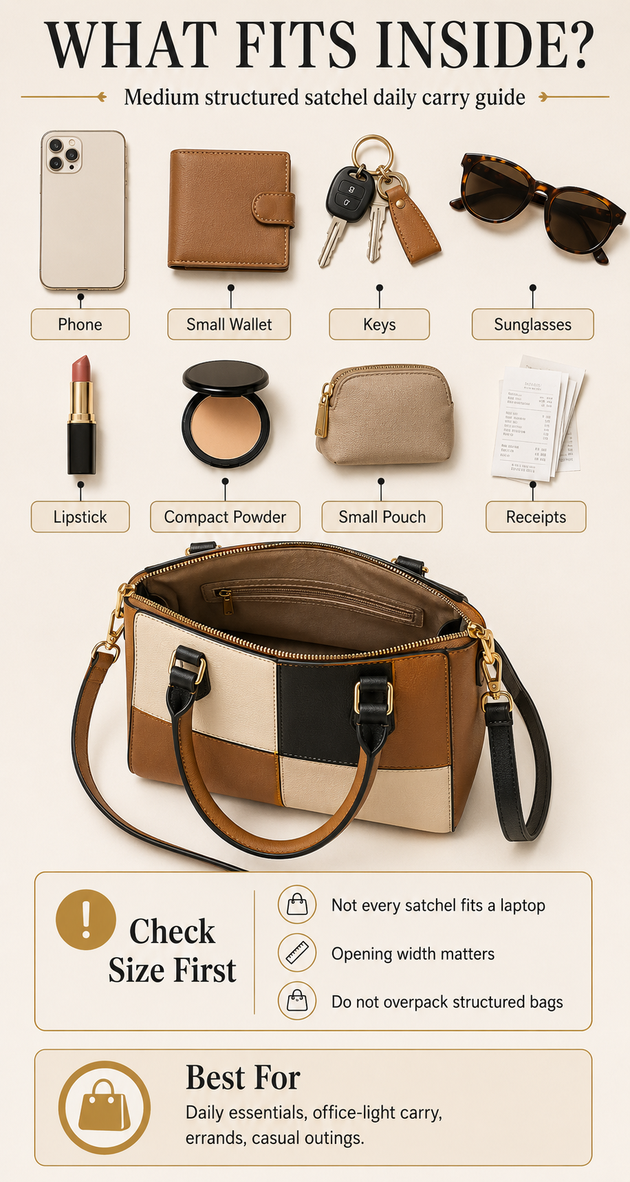 What fits inside a structured satchel infographic with phone wallet keys sunglasses lipstick pouch and daily essentials