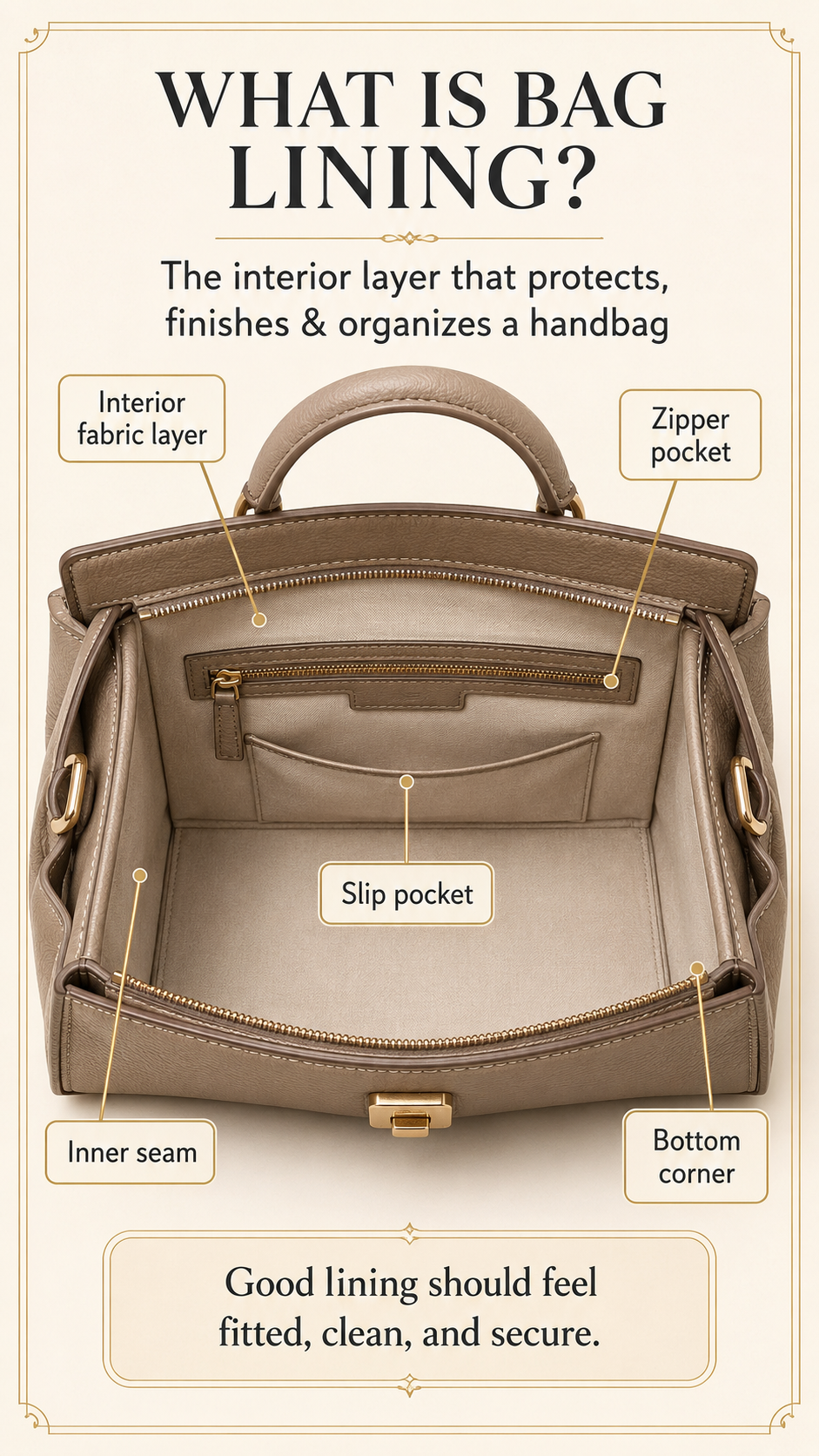 What Is Bag Lining Interior Diagram Handbag interior diagram explaining lining, zipper pocket, slip pocket, and inner seams