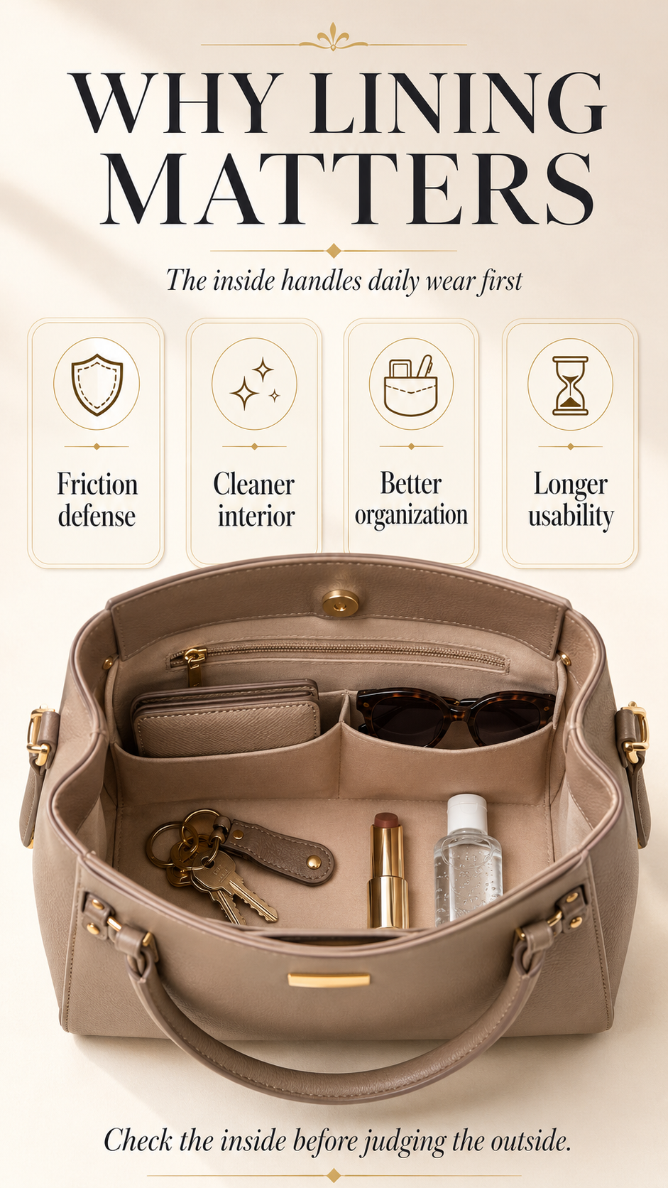 Why Bag Lining Matters Quality Signal Quality handbag interior showing neat lining, organized pockets, and everyday essentials