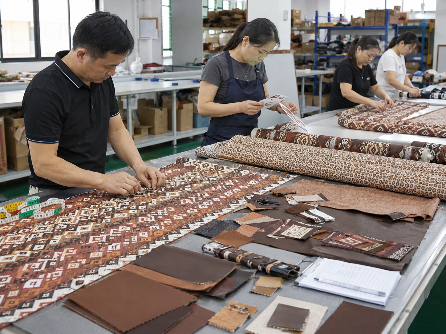 Aztec Leopard Fabric Inspection Aztec leopard fabric close-up inspection for Wrangler crossbody bag quality control