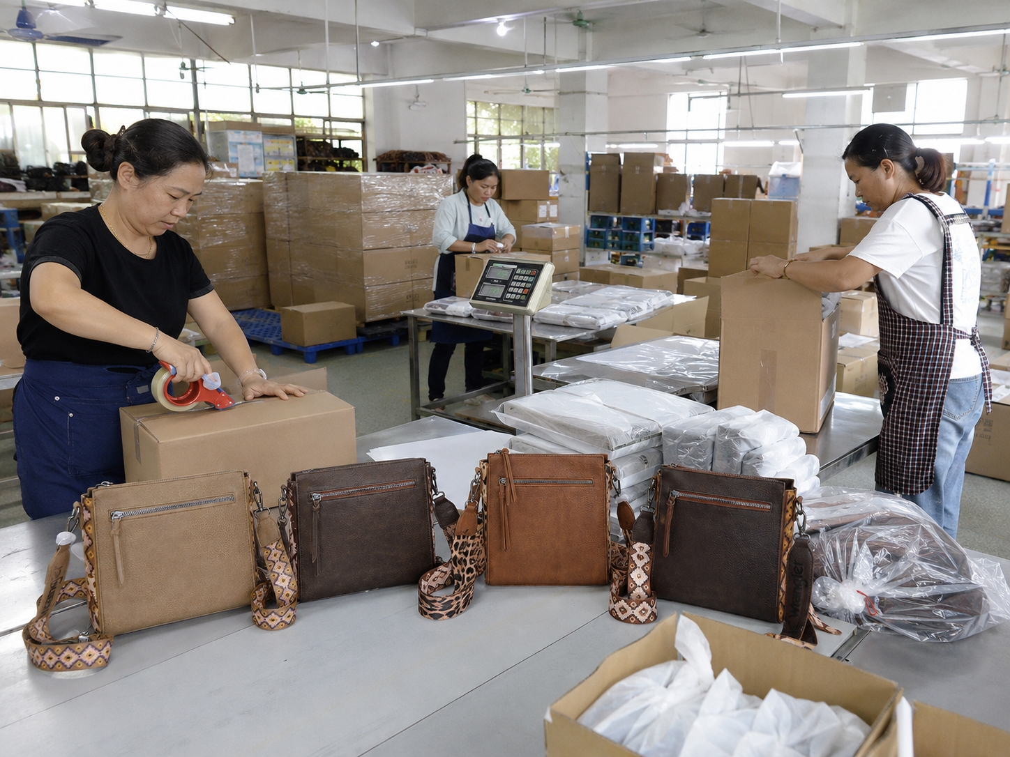 Final Carton Sealing Final carton sealing step for Wrangler Aztec Crossbody Purse shipment batches