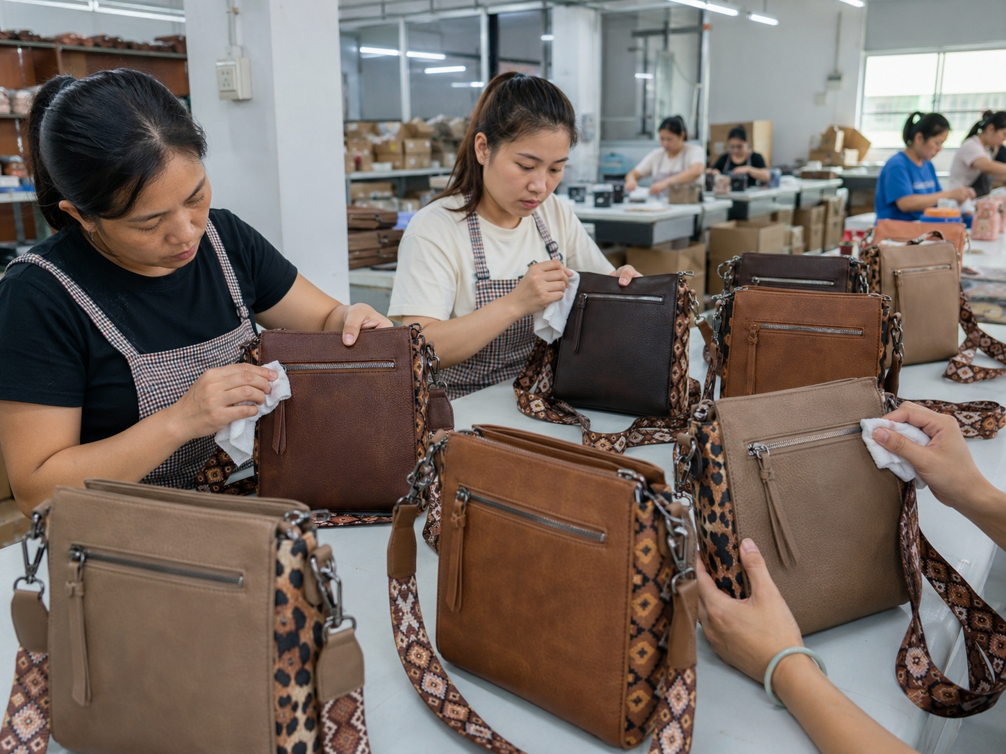 Final Cleaning Surface Inspection Final cleaning and surface inspection on completed Wrangler Aztec Crossbody Purse