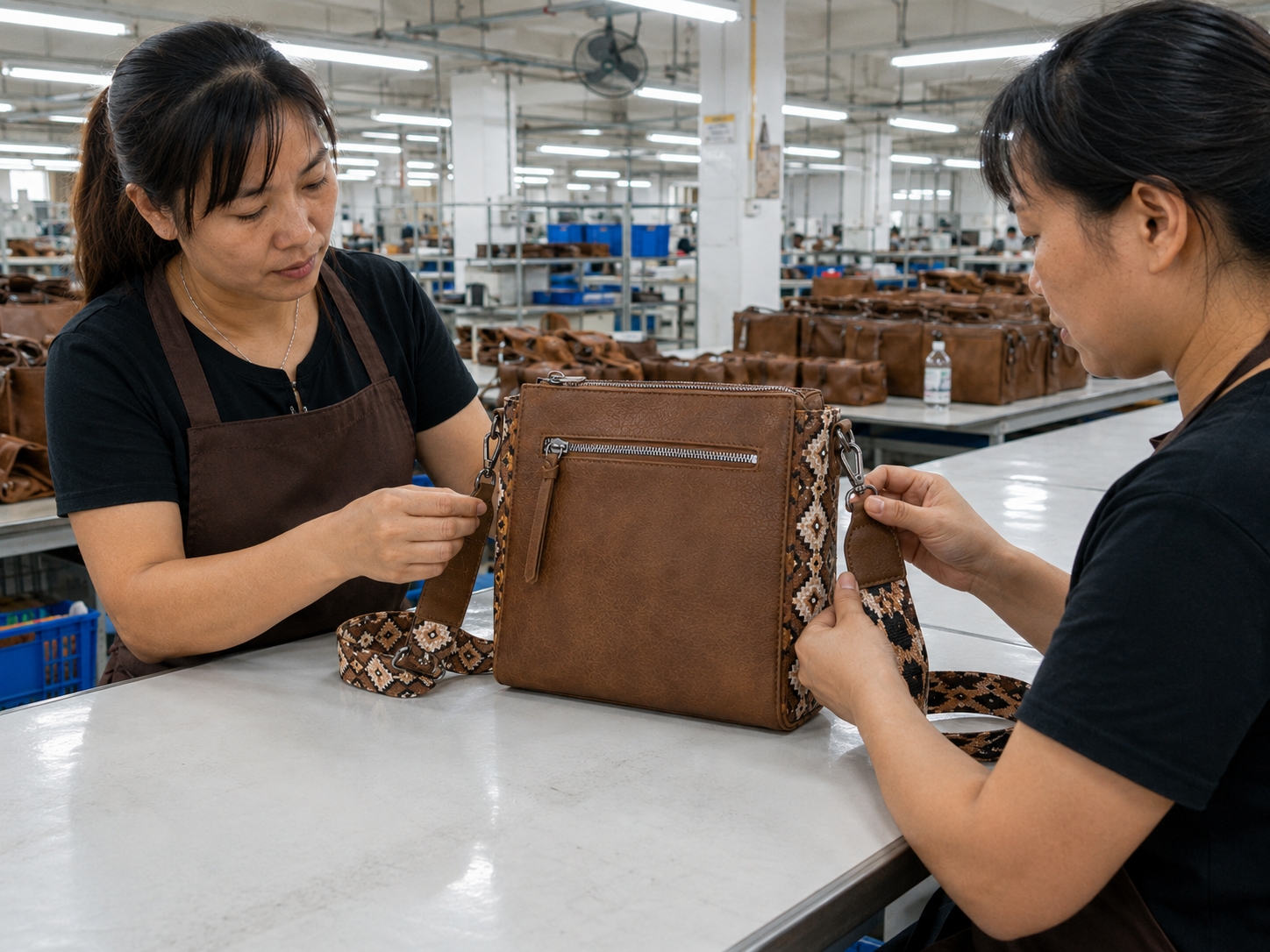 Full Bag Assembly Check Full bag assembly quality check on completed Wrangler Aztec Crossbody Purse units