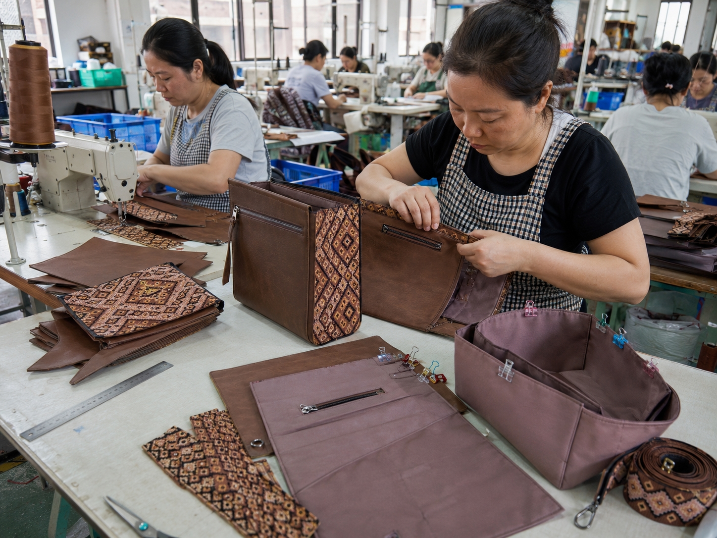 Interior Lining Sewing Interior lining sewing step for Wrangler Aztec Crossbody bag construction