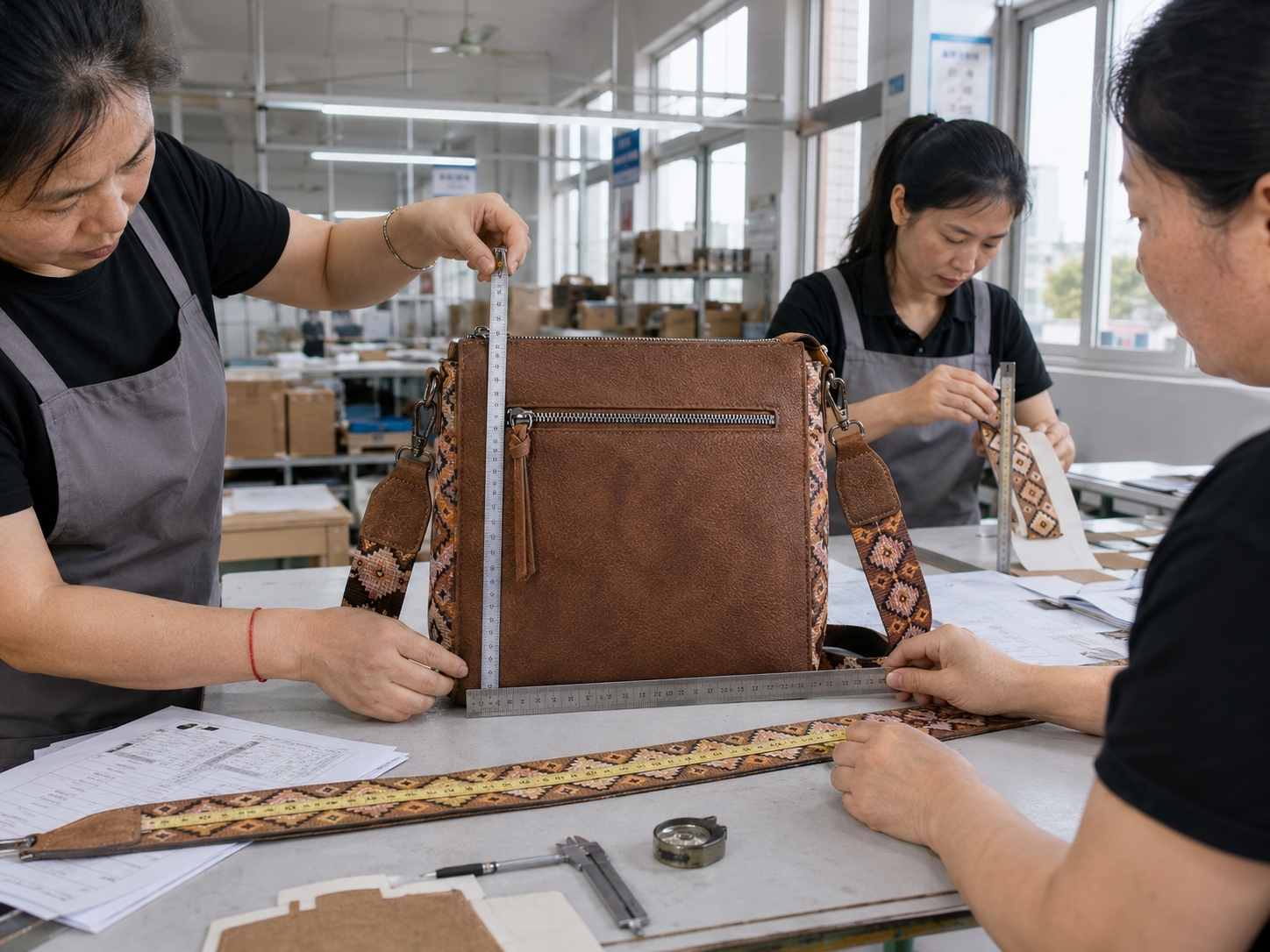 Measurement Specification Check Measurement and specification check during Wrangler Aztec Crossbody Purse production