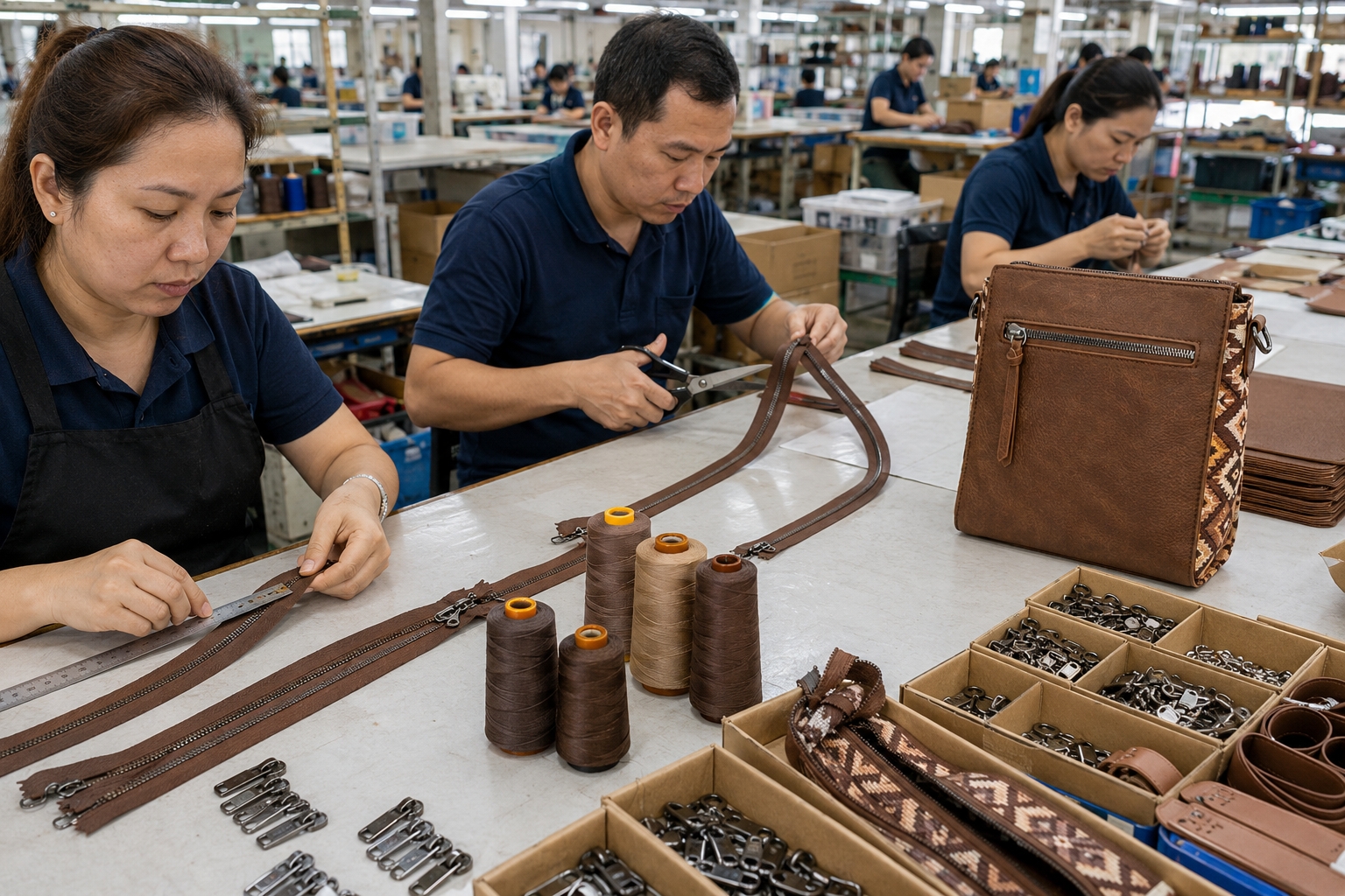Zipper Thread Preparation Zipper and thread preparation for Wrangler Aztec Crossbody Purse production